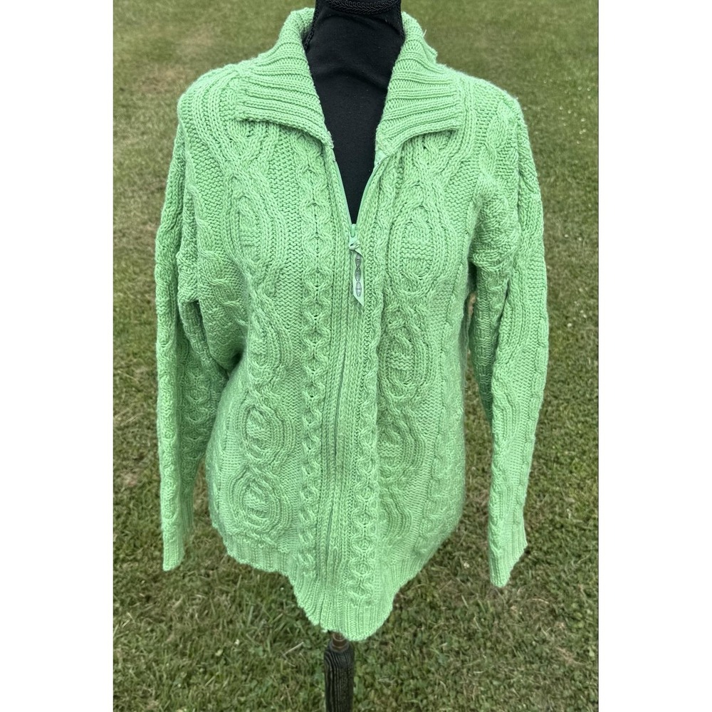 Aran Crafts Sweater Cardigan Womens S Green Merino Wool Zip Cable Knit Ireland